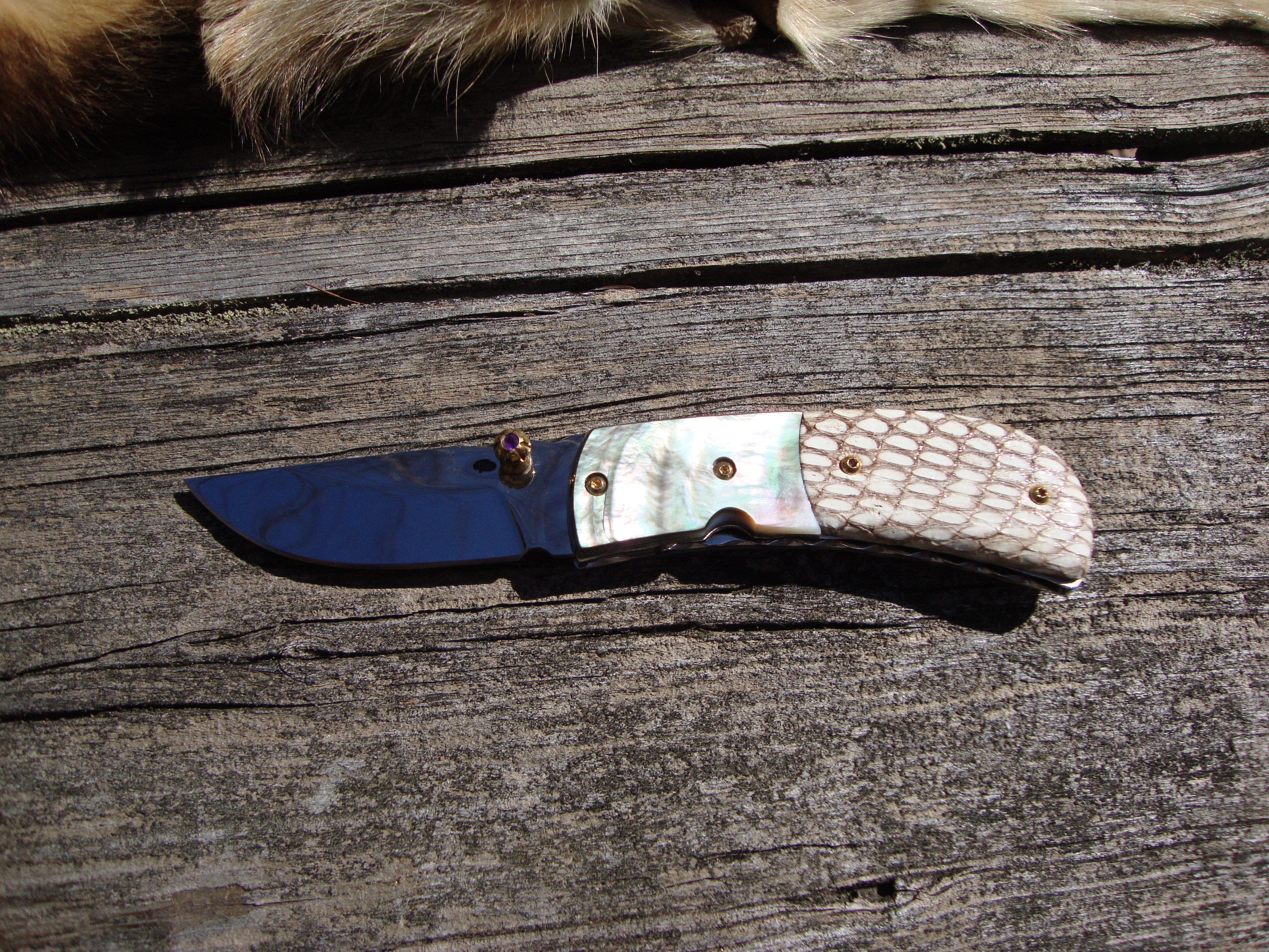 Custom Pocket Knife with Black lip pearl and python snake skin handles