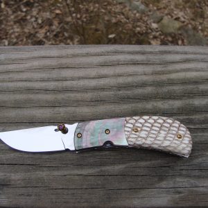 Custom Pocket Knife with Black lip pearl and python snake skin handles