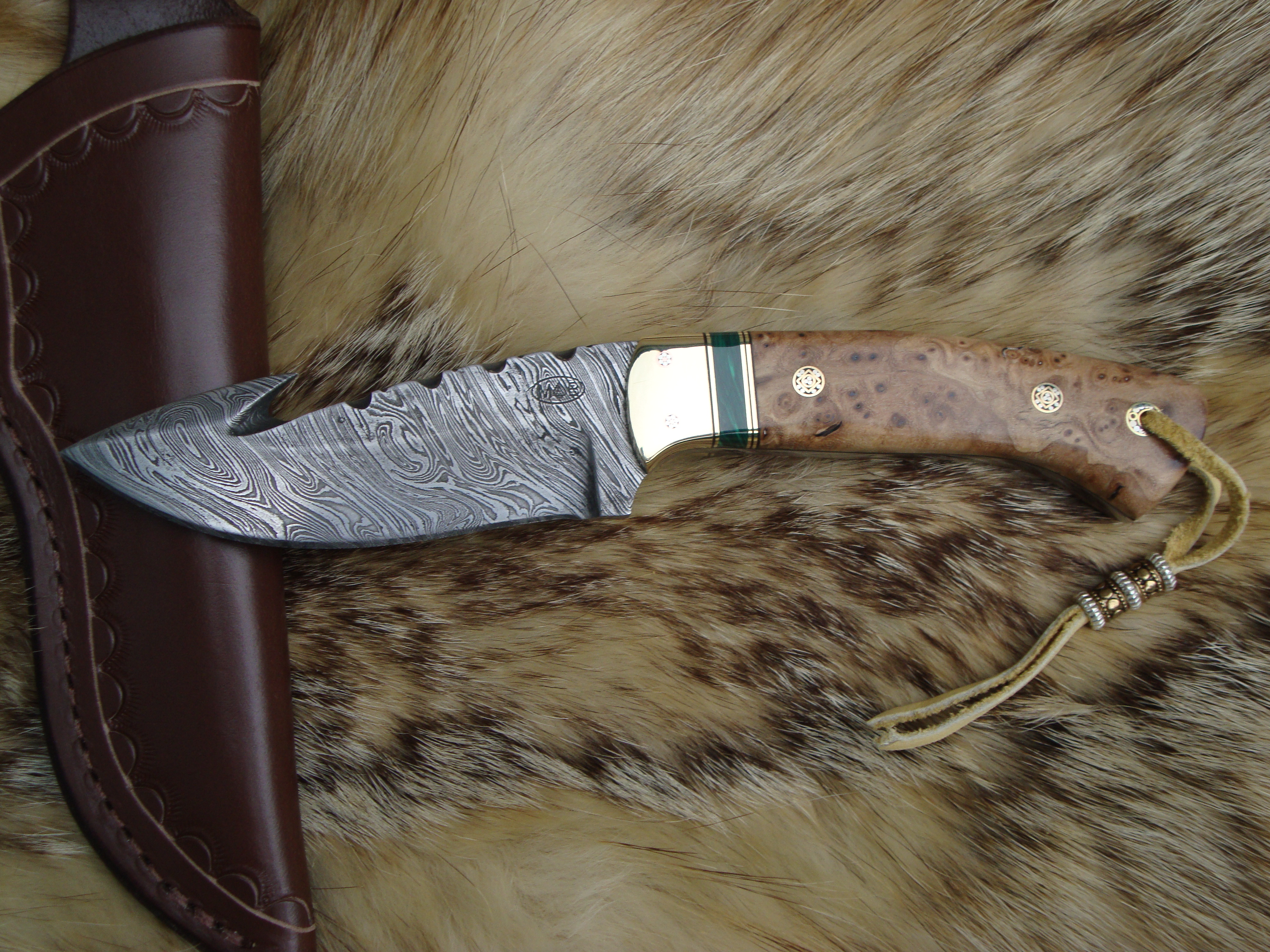 GUT HOOK FIRESTORM DAMASCUS BLADE JAPANESE ELM BURL FILE WORKED BLADE