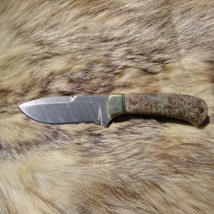 Maple Burl Handle, False grind spear point Twist Pattern Damascus Blade Small Hunter