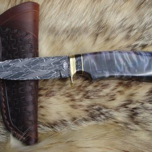 Mosaic Damascus Blade Curly Cotton Wood Handle File Worked Drop Point Hunter