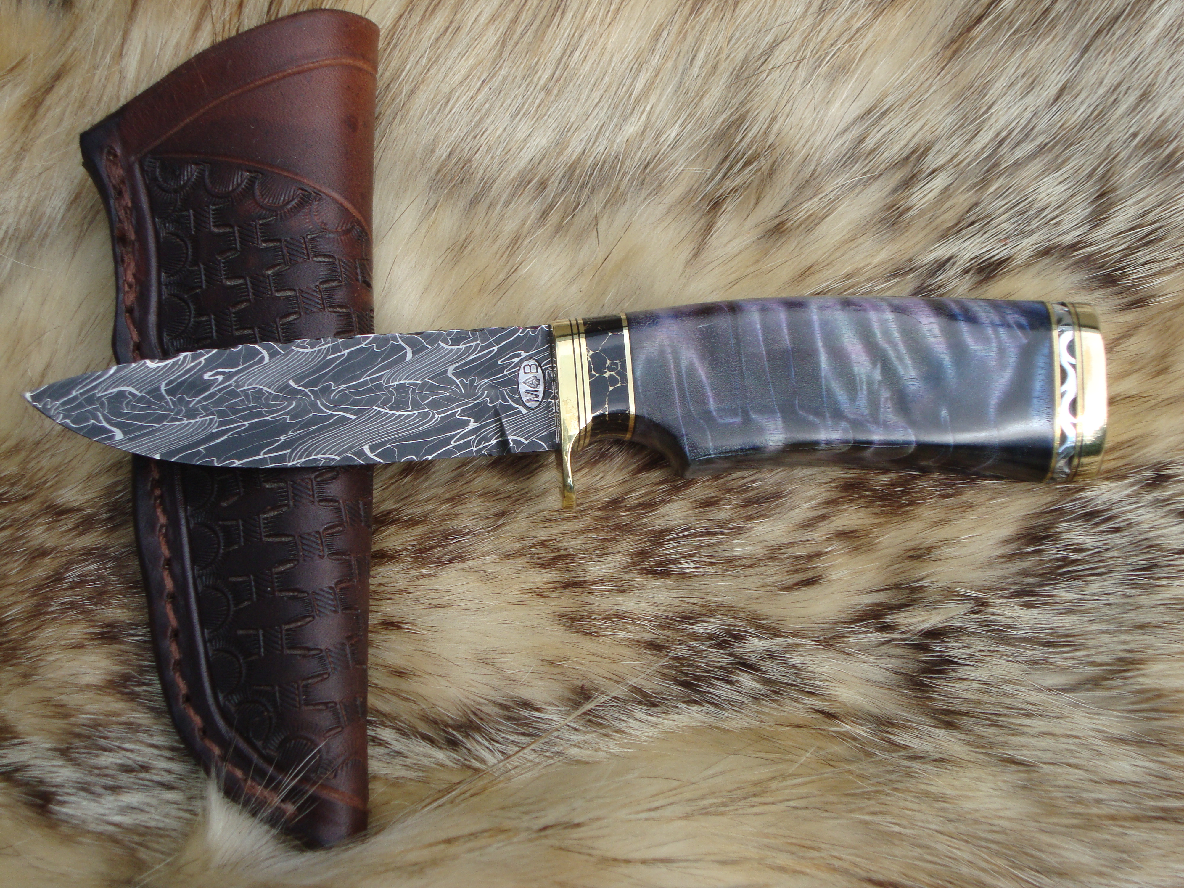 Mosaic Damascus Blade Curly Cotton Wood Handle File Worked Drop Point Hunter