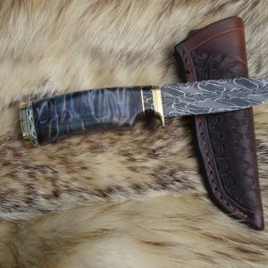 Mosaic Damascus Blade Curly Cotton Wood Handle File Worked Drop Point Hunter