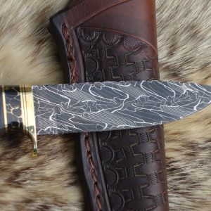 Mosaic Damascus Blade Curly Cotton Wood Handle File Worked Drop Point Hunter