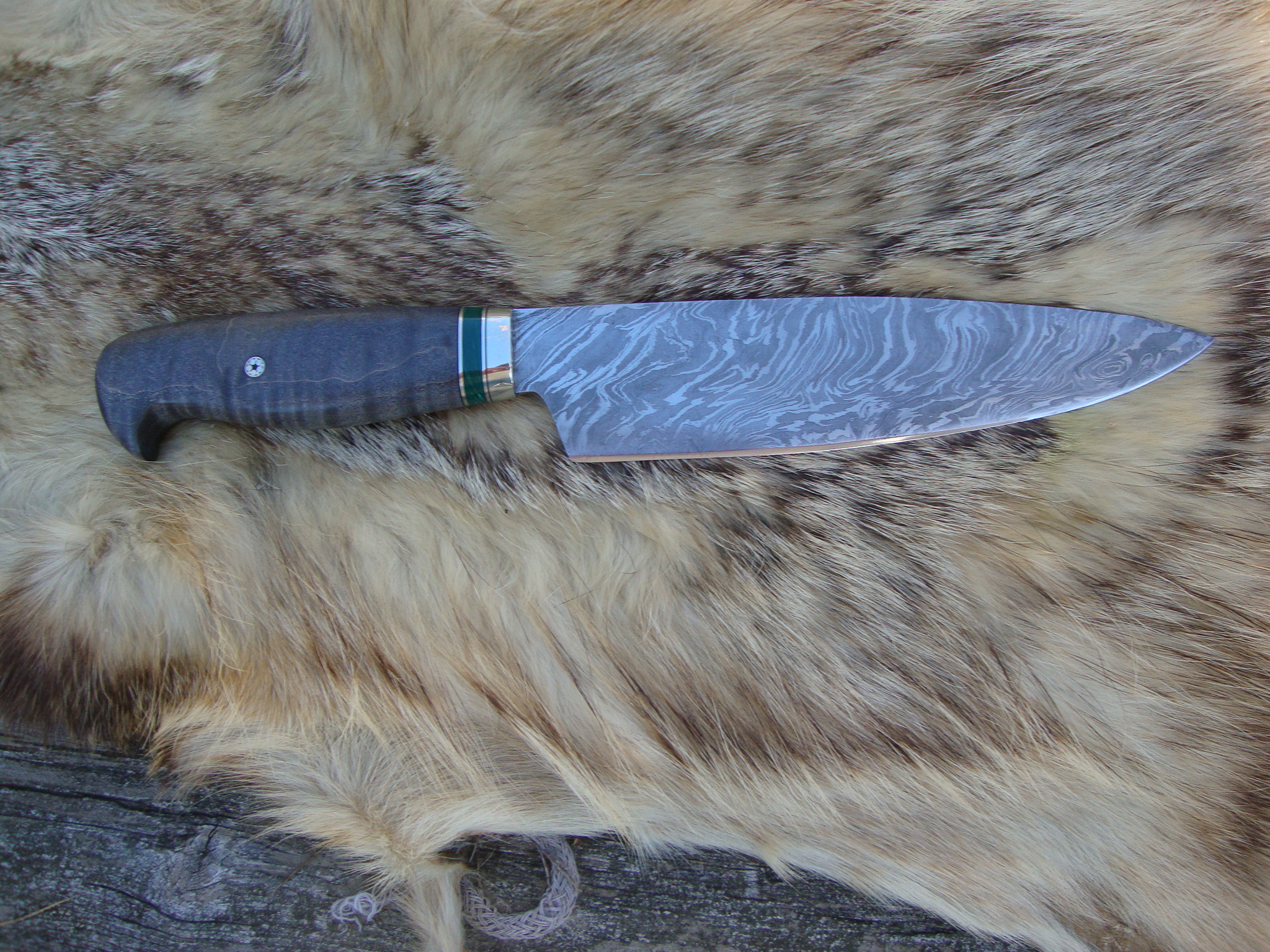 Damascus Chef Knife With Curly Maple And Malachite Stone Spacer