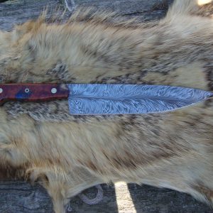 Damascus Chef Knife With Blood Wood Burl Handle File Worked Handle