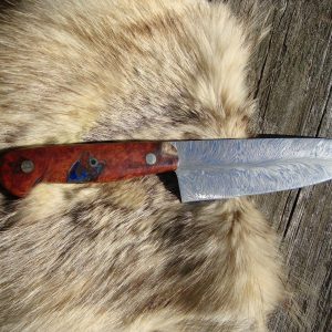 Damascus Chef Knife With Blood Wood Burl Handle File Worked Handle