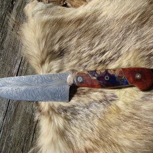 Damascus Chef Knife With Blood Wood Burl Handle File Worked Handle