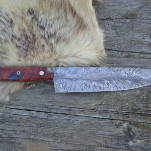 Damascus Chef Knife With Blood Wood Burl Handle File Worked Handle