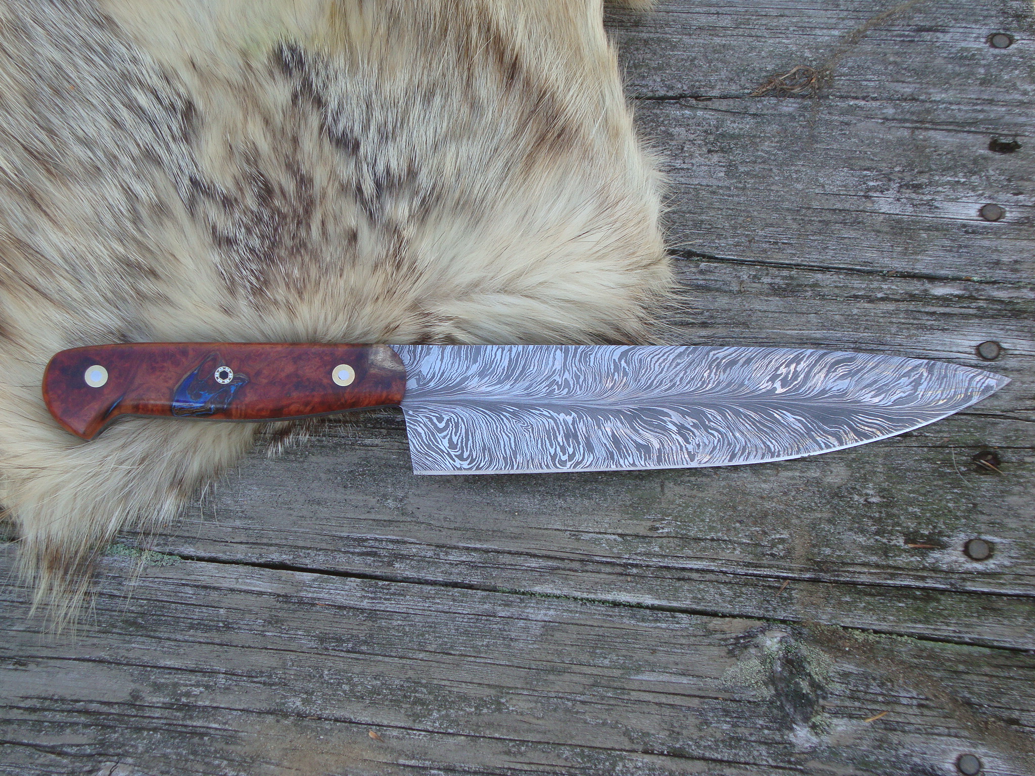 Damascus Chef Knife With Blood Wood Burl Handle File Worked Handle