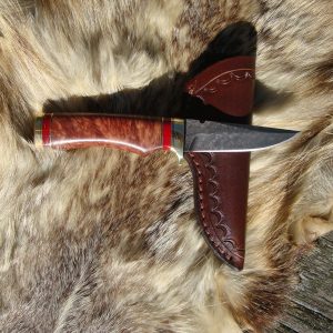 Damascus Blade Bird Trout Knife With Australian Red Malle & Red Jasper Handle