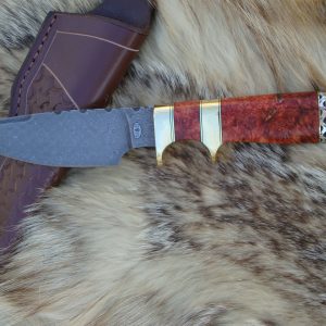 Damascus Spear Point Sub hilt Guard Flame Box Elder Burl Hunter