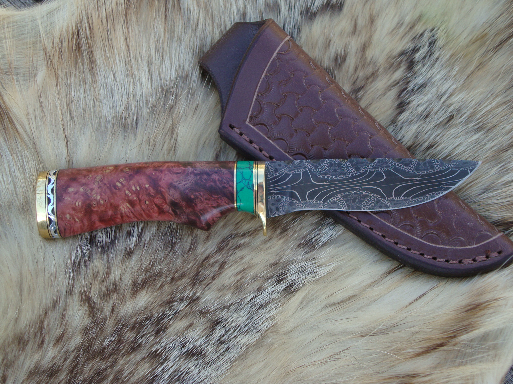 Mosaic Damascus Blade Ambonya Wood Handle File Worked Drop Point Hunter