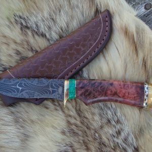 Mosaic Damascus Blade Ambonya Wood Handle File Worked Drop Point Hunter