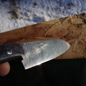 Custom Damascus Small Chef Knife With Dyed & Stabilized Black Ash Burl Wood Handles