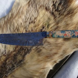 Damascus Chef Knife With Box Elder Burl Wood & Mammoth Tooth Spacer