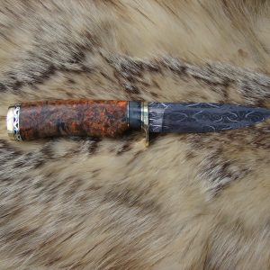 Mosaic Damascus Blade Hunting Knife With Amboyna Burl And Giraffe Bone Handle Custom File Worked