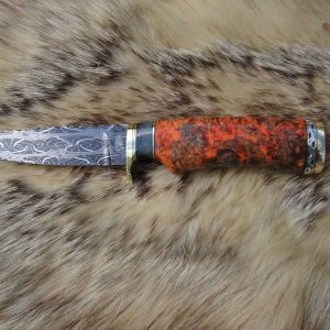 Mosaic Damascus Blade Hunting Knife With Amboyna Burl And Giraffe Bone Handle Custom File Worked