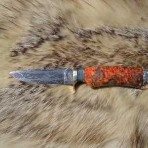 Mosaic Damascus Blade Hunting Knife With Amboyna Burl And Giraffe Bone Handle Custom File Worked