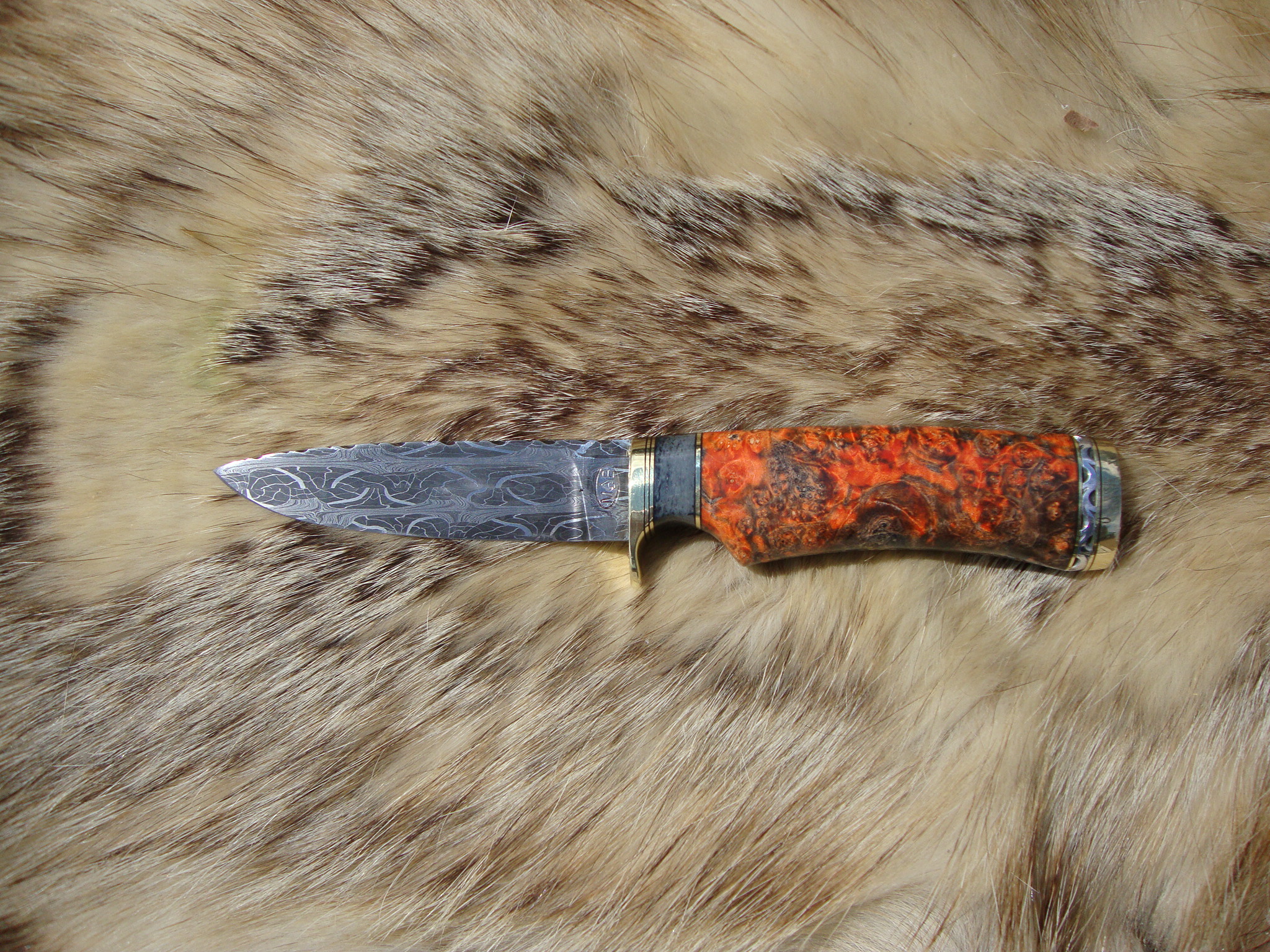 Mosaic Damascus Blade Hunting Knife With Amboyna Burl And Giraffe Bone Handle Custom File Worked