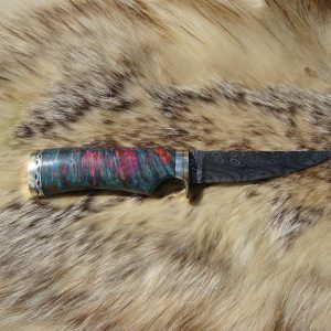 Mosaic Damascus Blade Bird Trout Knife With Maple Burl Handle & Custom File Worked