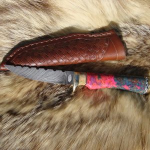 Twist Damascus Blade Bird Trout Knife With Giraffe Bone & Amboyna Burl Wood File Worked Blade & Spacer