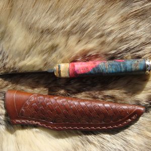 Twist Damascus Blade Bird Trout Knife With Giraffe Bone & Amboyna Burl Wood File Worked Blade & Spacer