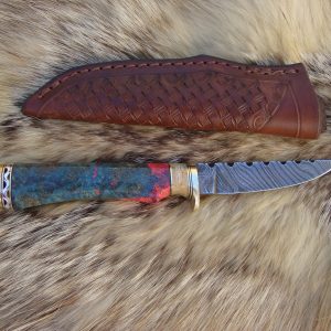 Twist Damascus Blade Bird Trout Knife With Giraffe Bone & Amboyna Burl Wood File Worked Blade & Spacer