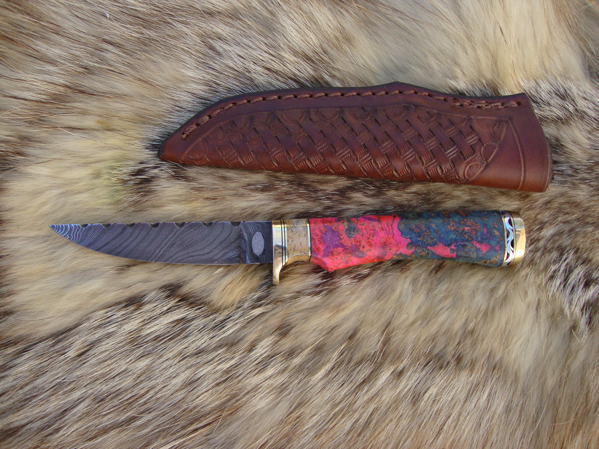 Twist Damascus Blade Bird Trout Knife With Giraffe Bone & Amboyna Burl Wood File Worked Blade & Spacer