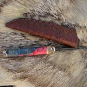 Twist Damascus Blade Bird Trout Knife With Giraffe Bone & Amboyna Burl Wood File Worked Blade & Spacer