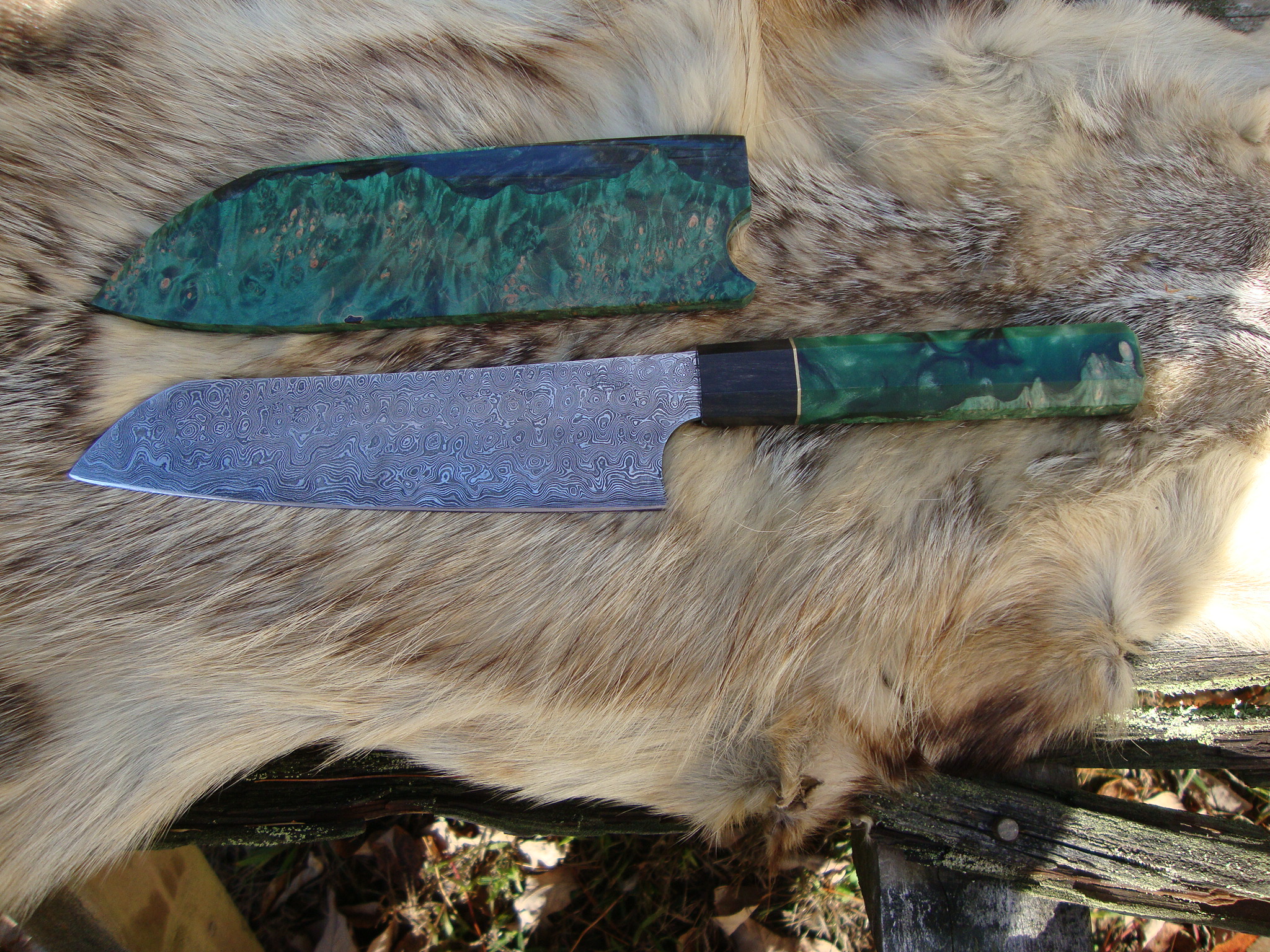 Rain Drop Damascus Chef Knife With Amboyna Burl wood Wa Handle And Sia