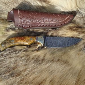 Lightning Damascus Blade Amboyna Burl Wood Handled Hunting knife & File Worked Blade