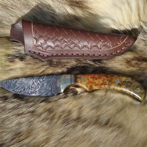 Lightning Damascus Blade Amboyna Burl Wood Handled Hunting knife & File Worked Blade