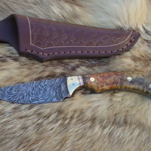 Lightning Damascus Blade Amboyna Burl Wood Handled Hunting knife & File Worked Blade