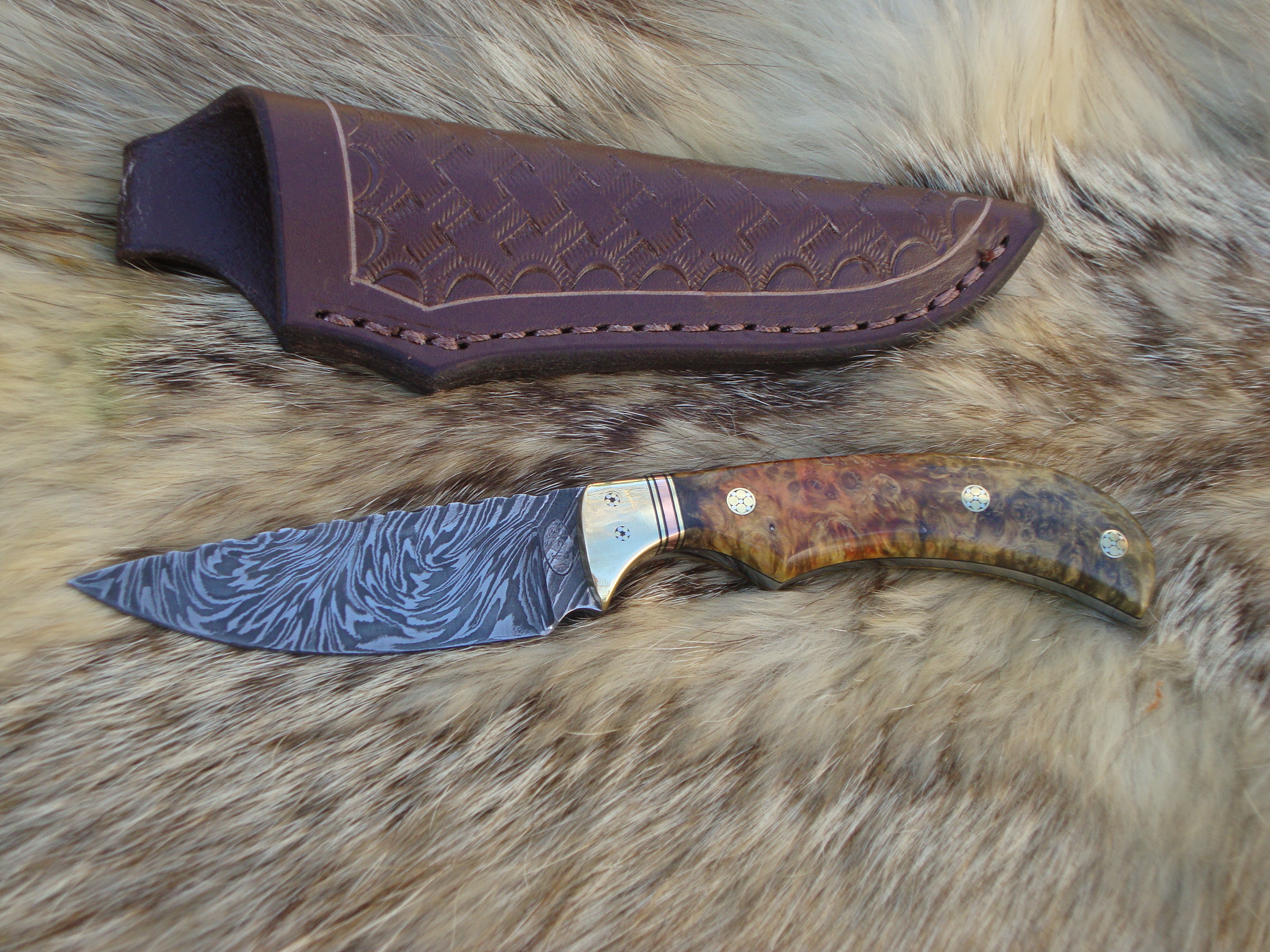 Lightning Damascus Blade Amboyna Burl Wood Handled Hunting knife & File Worked Blade