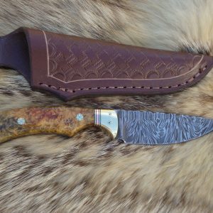 Lightning Damascus Blade Amboyna Burl Wood Handled Hunting knife & File Worked Blade