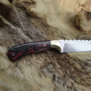 Feather Damascus blade with Yellow cedar burl wood handle