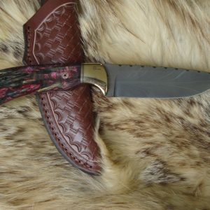 Feather Damascus blade with Yellow cedar burl wood handle