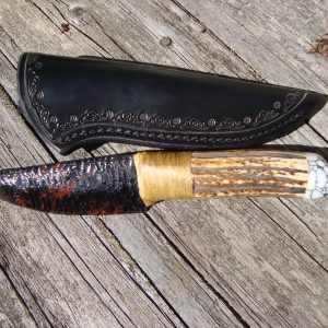 Elk Antler Obsidian Blade with Spider Web Stone Pommel Hunter