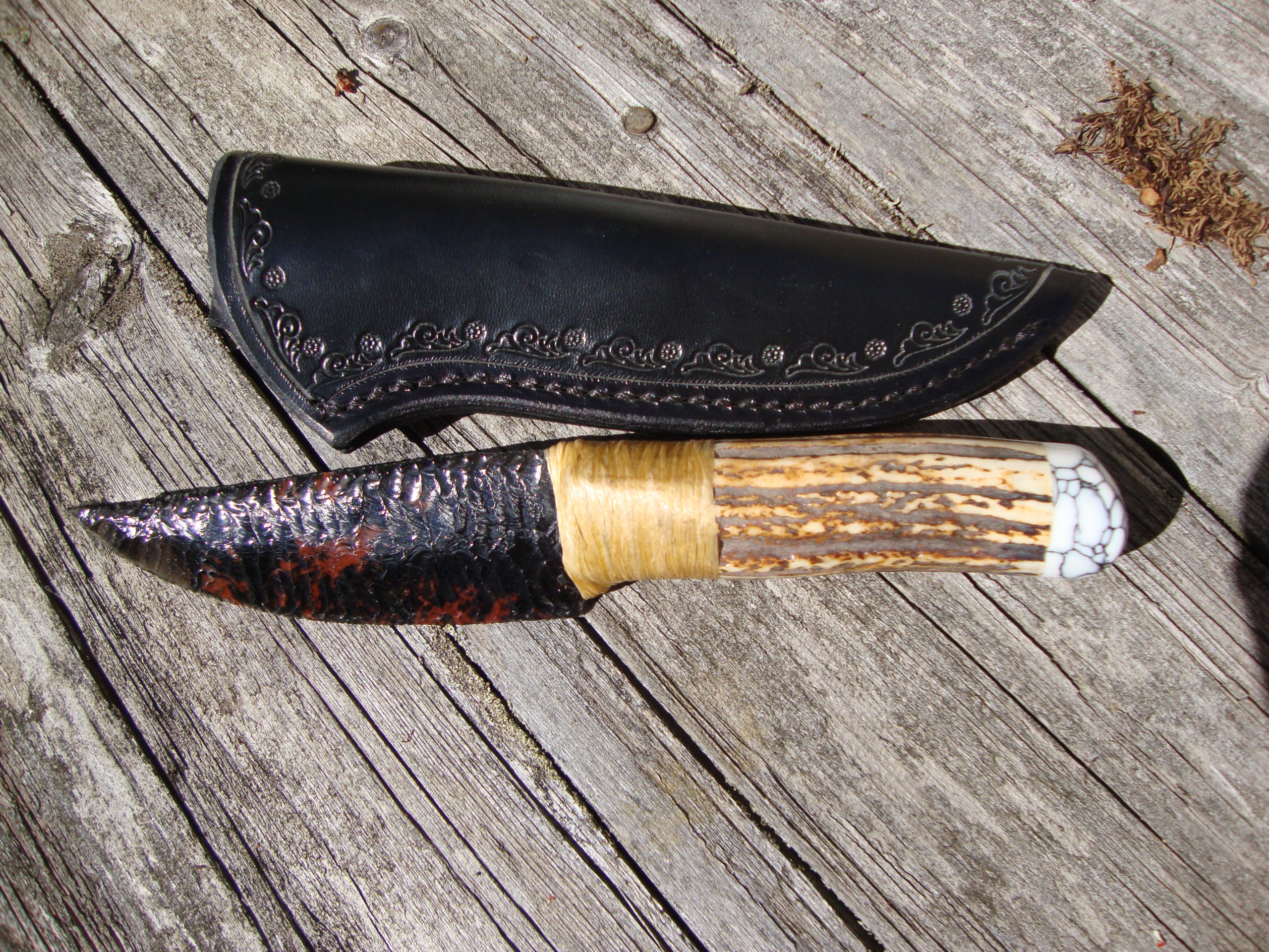 Elk Antler Obsidian Blade with Spider Web Stone Pommel Hunter