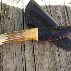 Elk Antler Obsidian Blade with Spider Web Stone Pommel Hunter