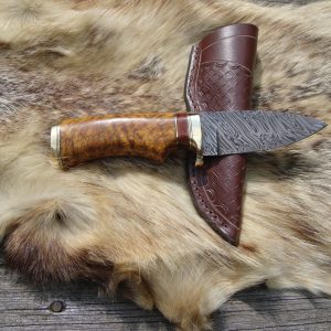 Fire Storm Damascus Chittum Burl wood handle spear point hunter