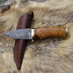 Fire Storm Damascus Chittum Burl wood handle spear point hunter