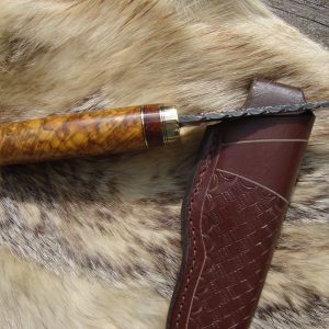 Fire Storm Damascus Chittum Burl wood handle spear point hunter