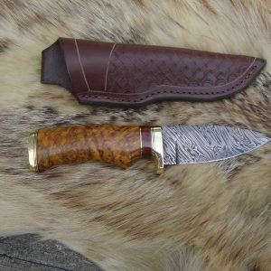 Fire Storm Damascus Chittum Burl wood handle spear point hunter