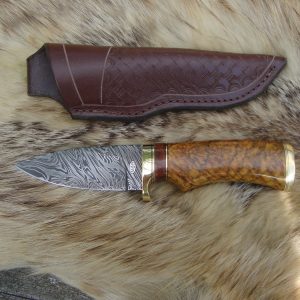 Fire Storm Damascus Chittum Burl wood handle spear point hunter