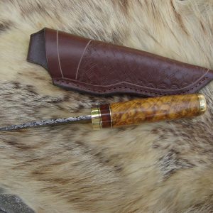 Fire Storm Damascus Chittum Burl wood handle spear point hunter