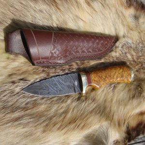 Fire Storm Damascus Chittum Burl wood handle spear point hunter