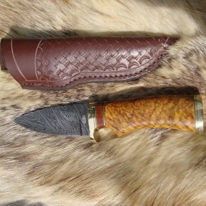 Fire Storm Damascus Chittum Burl wood handle spear point hunter