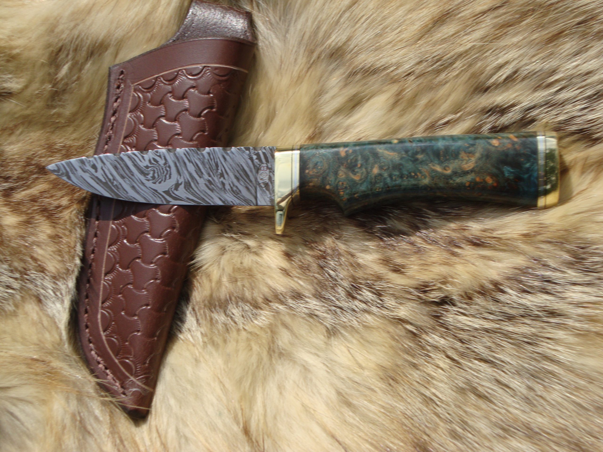 Fire Storm Damascus Blade Amboyna Burl Wood Hunter